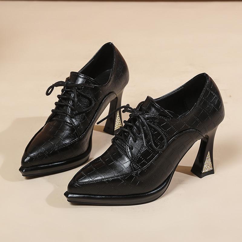 Fashion 2025Women's Coarse Heel Shoes Spring New Pointy Front Lacing Splicing Leather Anti-slip Wear-resistant Low-top Shoes
