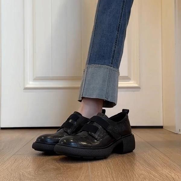 Ruoji original leather platform Velcro retro round head loafers women's versatile British thick heel small leather shoes single shoes