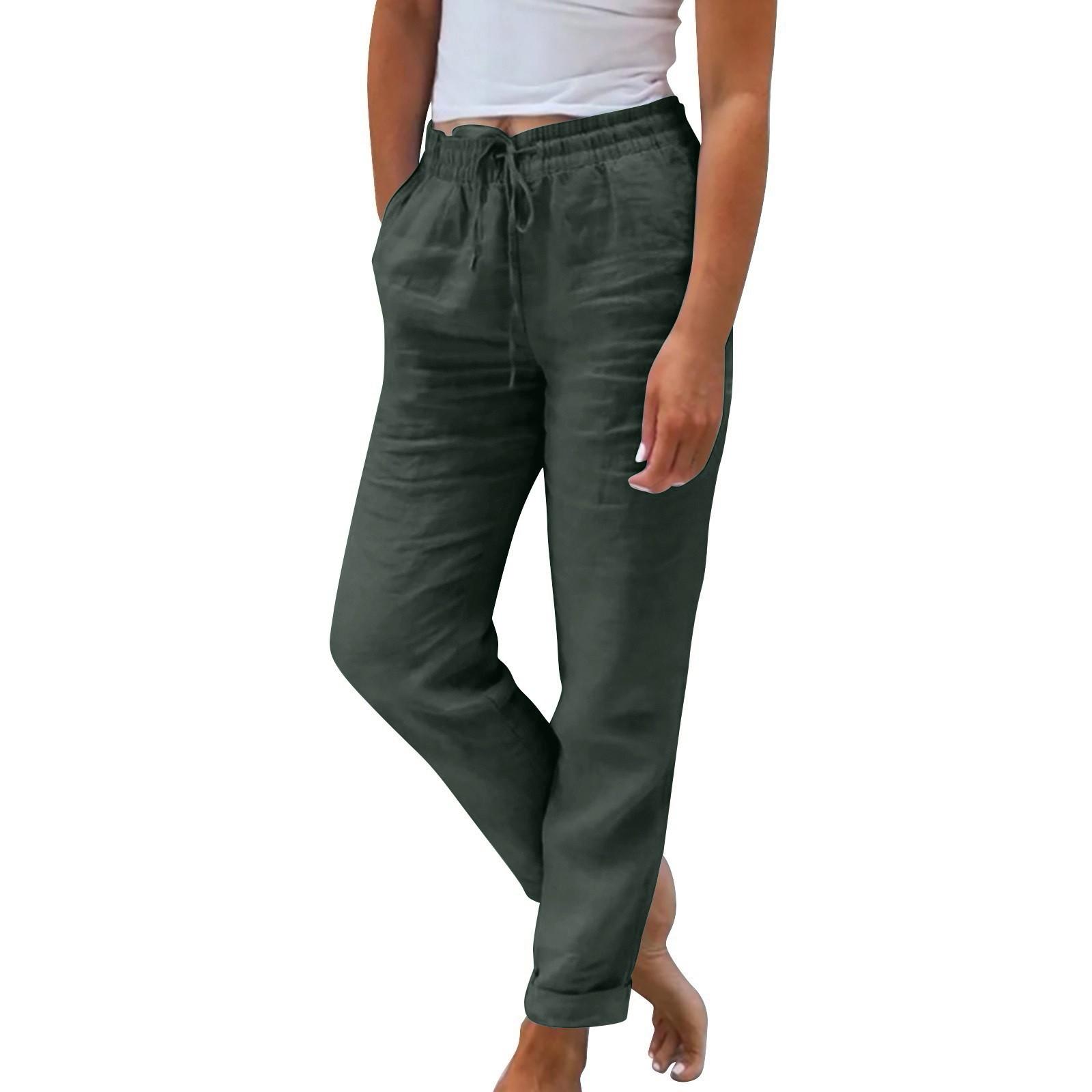 Women s Summer Elastic Waist Color Cotton And Linen Wide Leg Loose Nine-point Pants XL