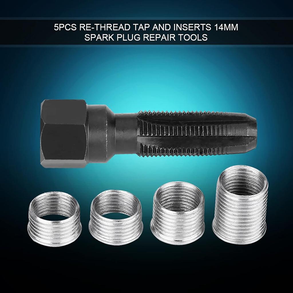 Milltrip 5Pcs Carbon Steel Sparks Plug Thread Repair Kit - 14mm Re-thread Tap Tool with 4 Inserts, Professional Cylinder Head Rethreading Tools for