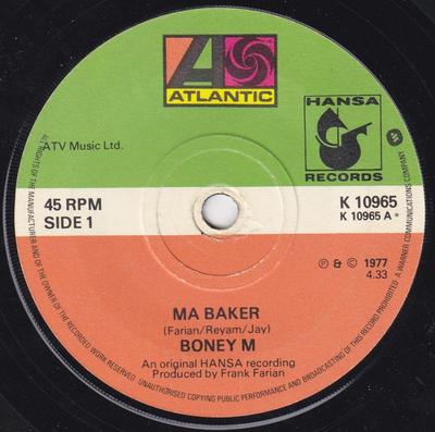 7-Zoll-Schallplatte BONEY M. - Ma Baker K10965 Atlantic, Hansa 1977 UK Dance & Electronica Gebraucht