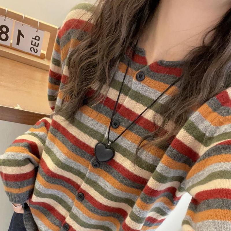 Striped Top Women Slimming Sweater Spring Autumn Loose Round Neck Pullover Knit Fashion Versatile
