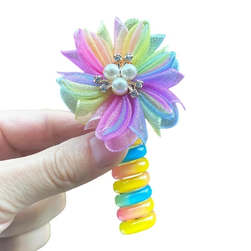 1PC New Lovely Beaded Big Flowers Elastic Spiral Hair Rope Head Rope Ponytail Hair Ring Rubber Band Headdress For Kids