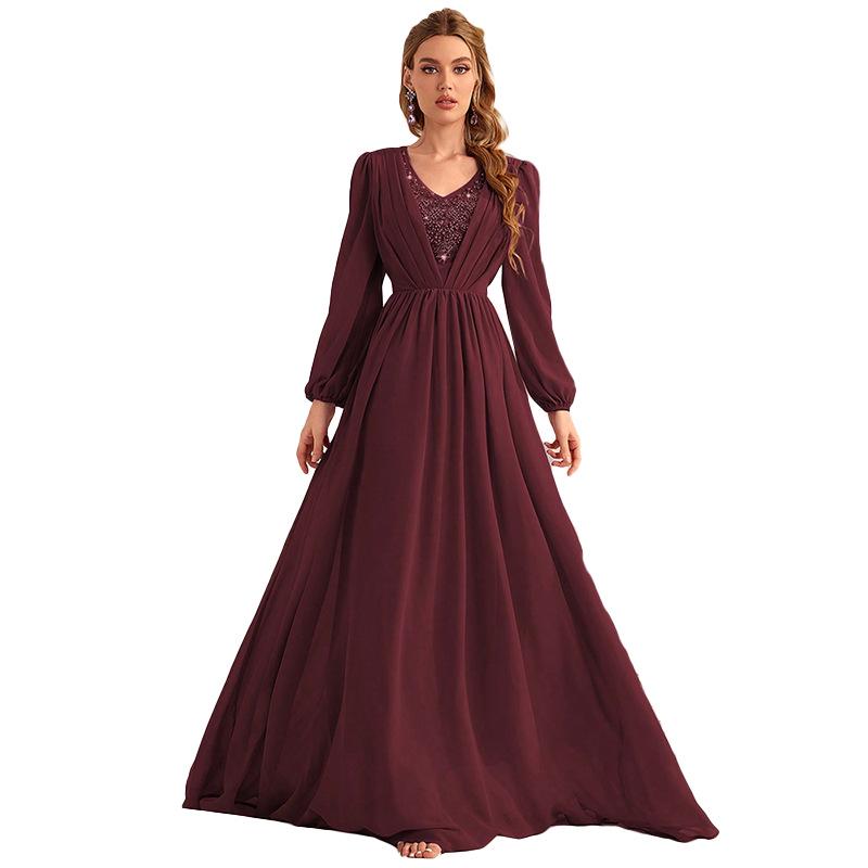 

Элегантное шифоновое платье подружки невесты с длинным рукавом, украшенное бисером и жемчугом S вино красного