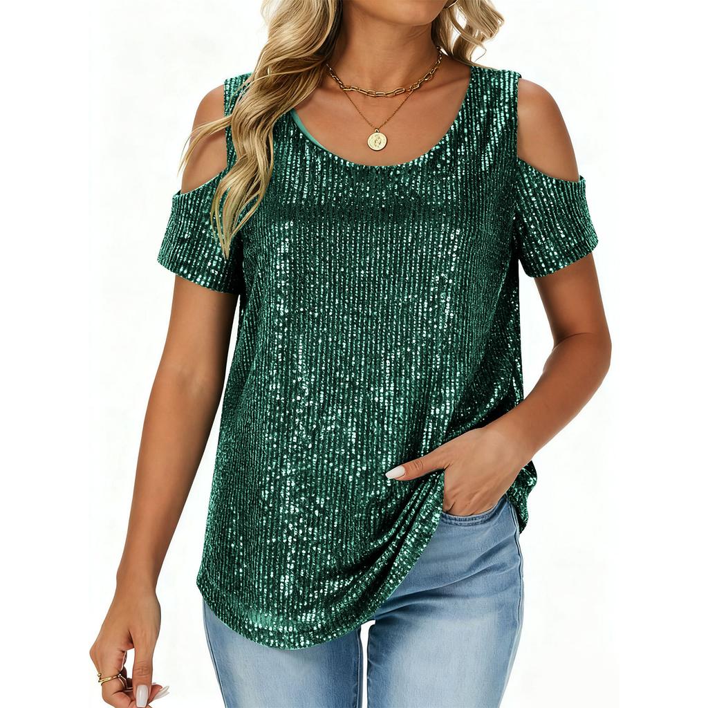 Ladies' Fashionable And Comfortable Loose Sequined Short Sleeved Top