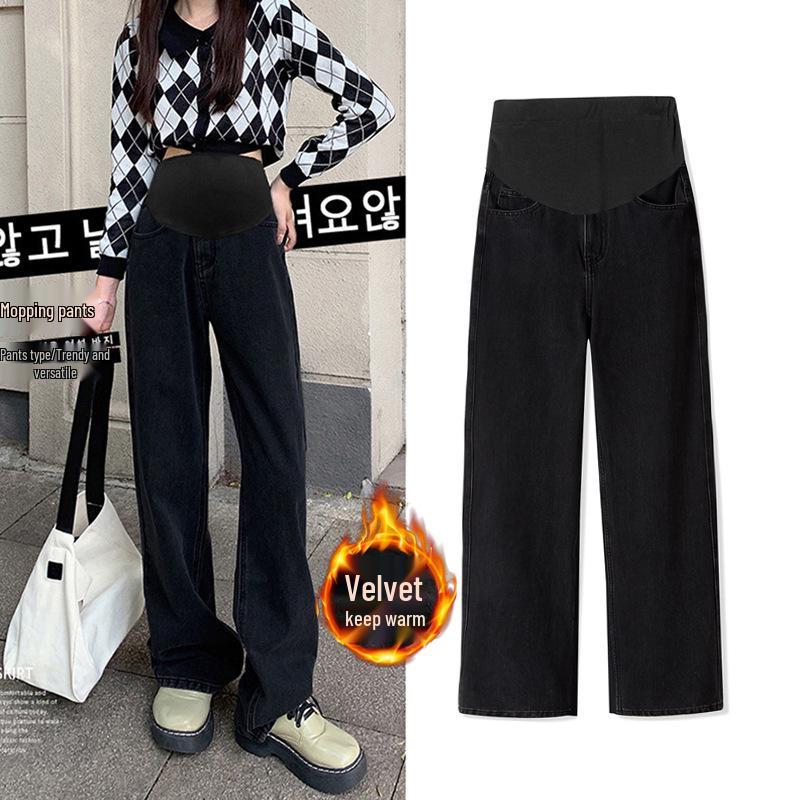 2025 A/W Black Plus Velvet Thick Maternity Wide-Leg Jeans 2XL