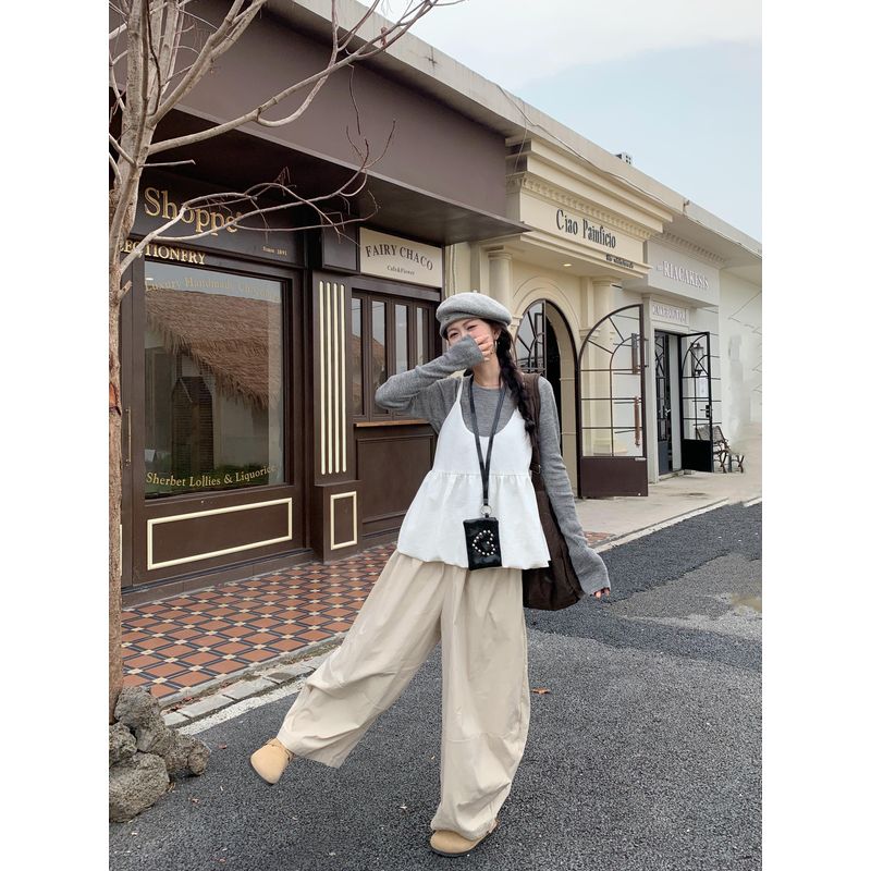 Kumikumi Gray Long Sleeve Knit Stacked White Cami Women Autumn Loose Casual Pants Three-Piece Set