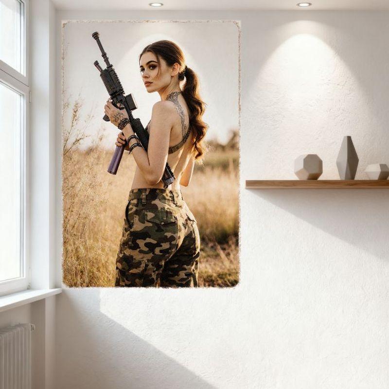 Sexy Woman with Assault Rifle In Dry Grass Field Vintage Tin Sign Metal Poster for Bar Home Wall Decor 8x12 Inch