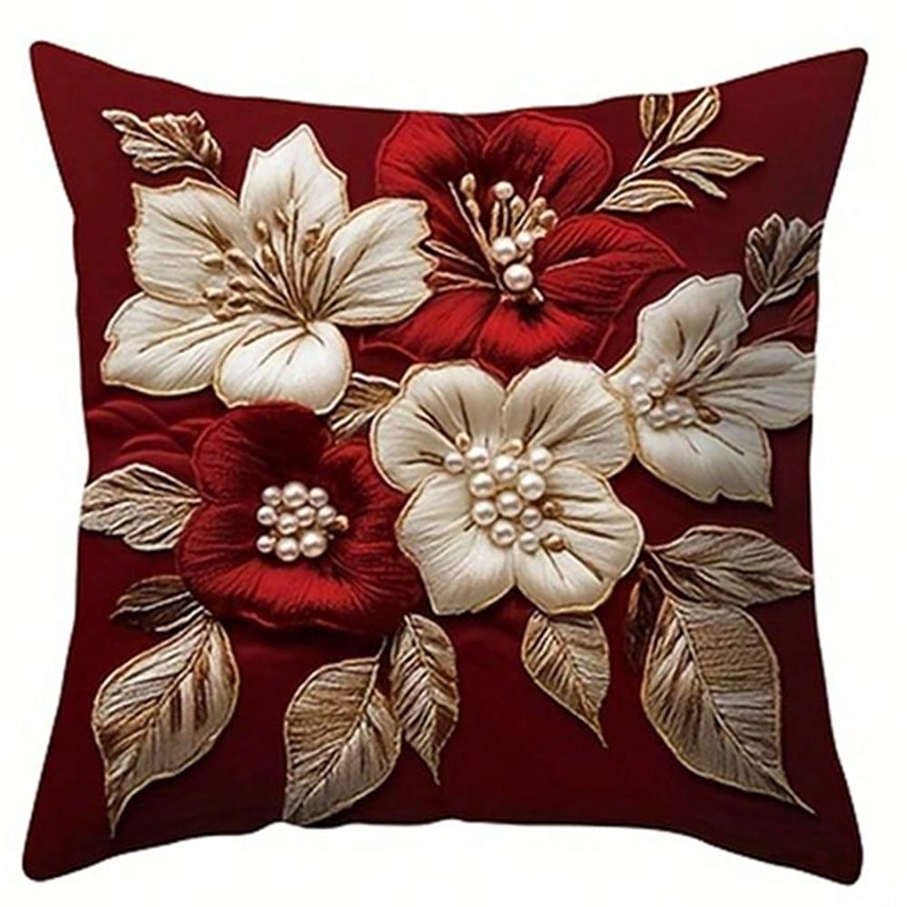 1 Stück Feder Weinrot Blume Kissenbezug Polyester 2D Doppelseitiger Druck Sofakissenhülle Geschenk für Wohnzimmer Schlafzimmer Heimdeko