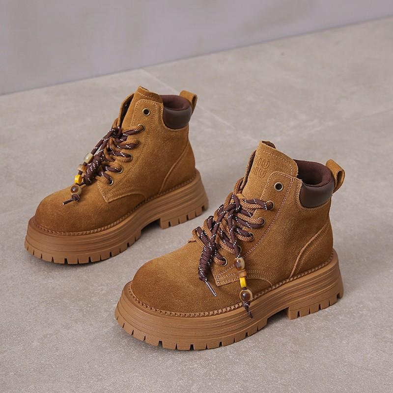 Fashion Boots Autumn New Round Toe Suede Lace-up Platform Non-slip Wear-resistant Square Heel Mid-leg Boots