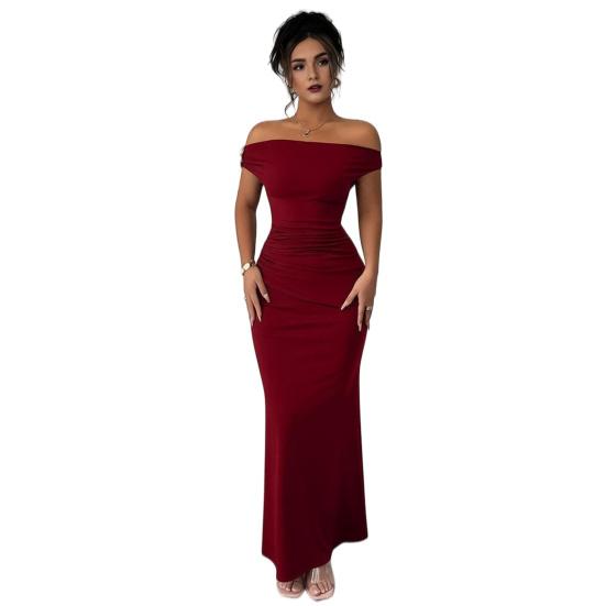 Off The Shoulder Maxi Dress for Women Ruched Fishtail Sexy Bodycon Long Dress with Metal Accent Wedding Guest Party Evening Gown