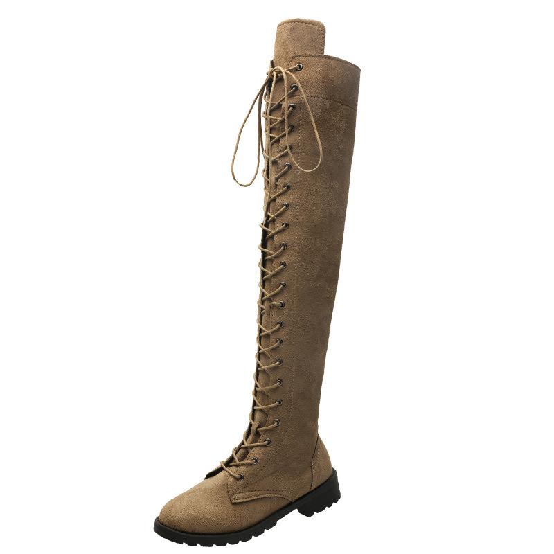 Women's Boots Lace Up Over The Knee Boots Sexy Low Heels Casual Long Boots Round Toe Thigh High Boot Suede Plus Size Women Shoes