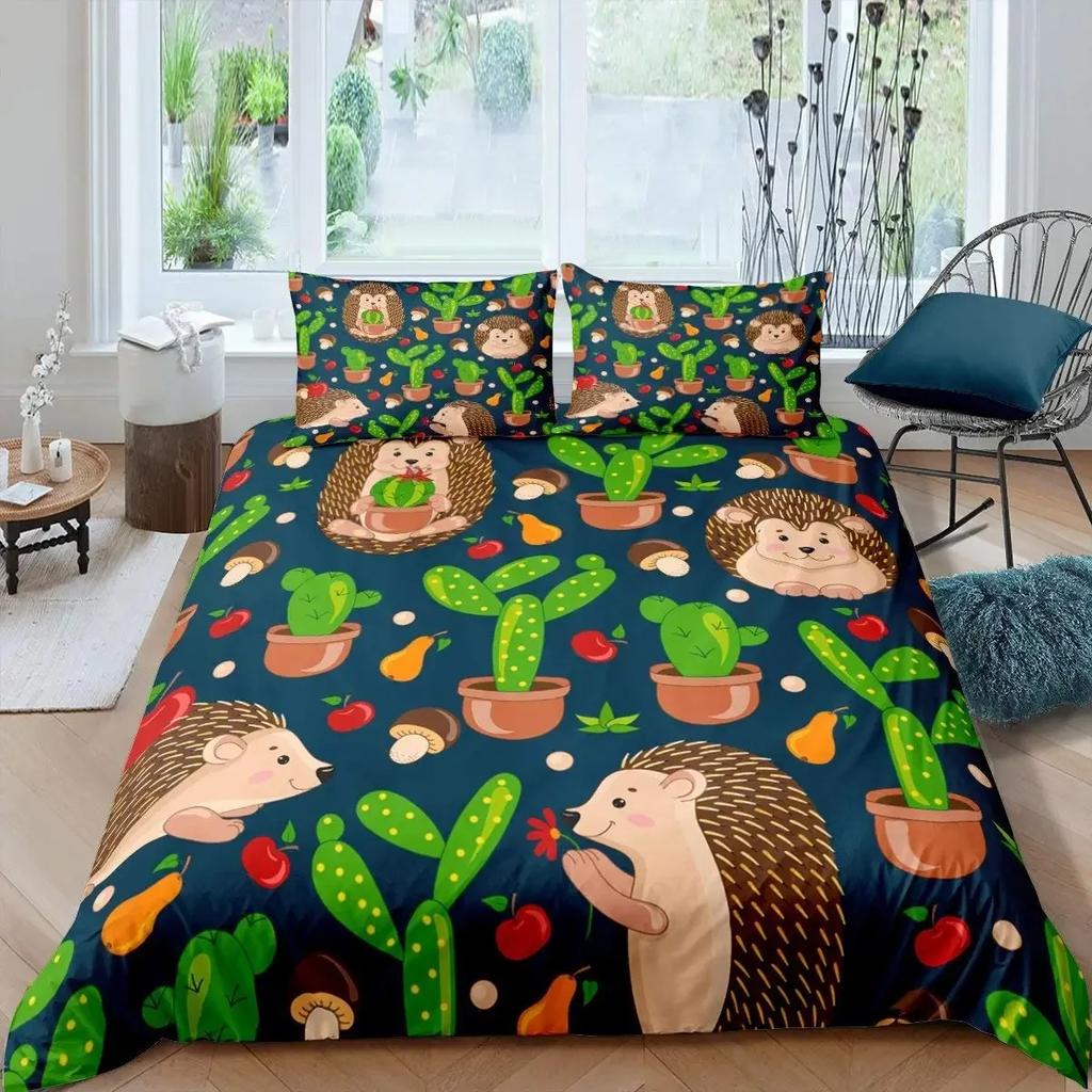 Hedgehog Duvet Cover Mushroom For Boys Teens Cute Cartoon Wild Animal Pinecone Tree Leaf Quilt Cover Autumn Leaves Room Decor