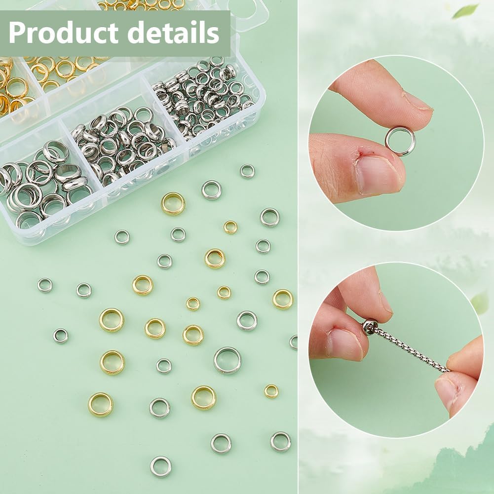 PH PandaHall 220pcs 6 Styles 18K Gold Spacer Beads with Large Hole Stainless Steel Smooth Round Spacer Beads, Flat Round Donut Metal Beads for