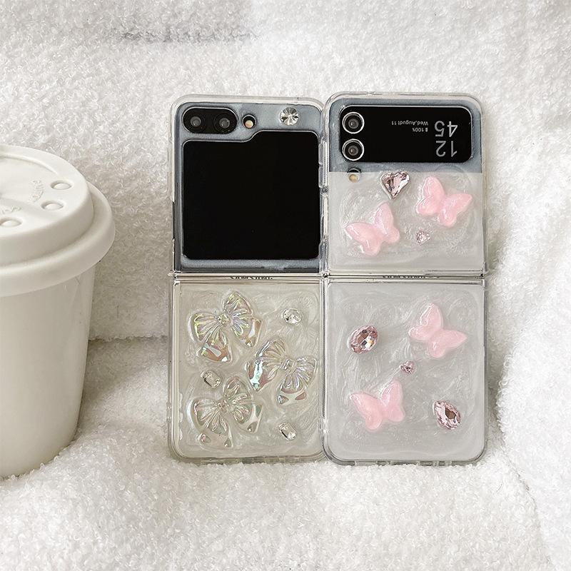 For Samsung Zflip6 Flip Folding Mobile Phone Case for Zflod5 Bow Rhinestone W24flip Glue Butterfly