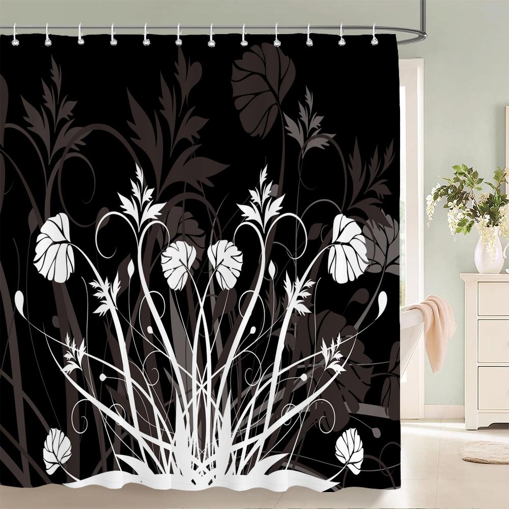 Shower Curtain Black and White Floral Pattern 3D Printing Shower Curtain Polyester Waterproof Home Decor Curtain 180x180CM W90xH180cm