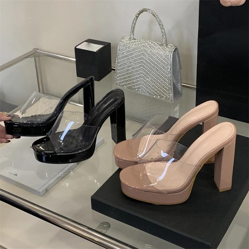 Mode Eilyken 2025 Neue Sommer Mode PVC Transparent Offene Zehen Damen Pantoletten Eckige Absätze Bankett Party Pantoletten
