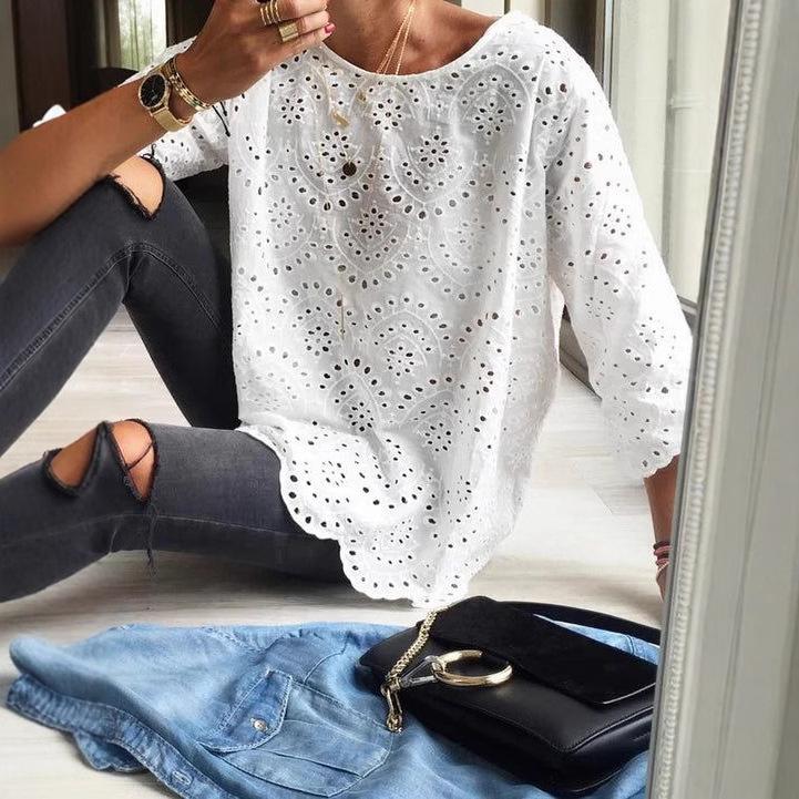 

2024 Women s High-End White Crew Neck Pullover with Seven Sleeves XXL білий