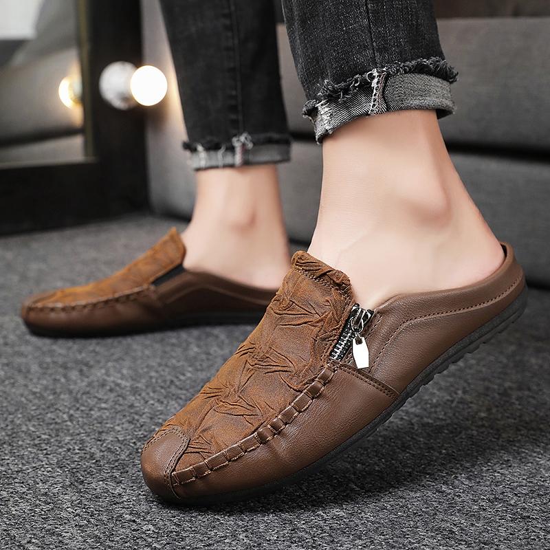 Fashion leather Mens Half Slippers Breathable Mens Casual Shoes Outdoor Men Loafers Lazy Shoes Flats Comfortable Male Sneakers
