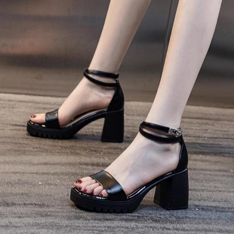 

Женские летние сандалии, новая модель, женские туфли на высоком каблуке, удобный толстый каблук, толстая подошва, водонепроницаемые, универсальные женские туфли 35 чёрный