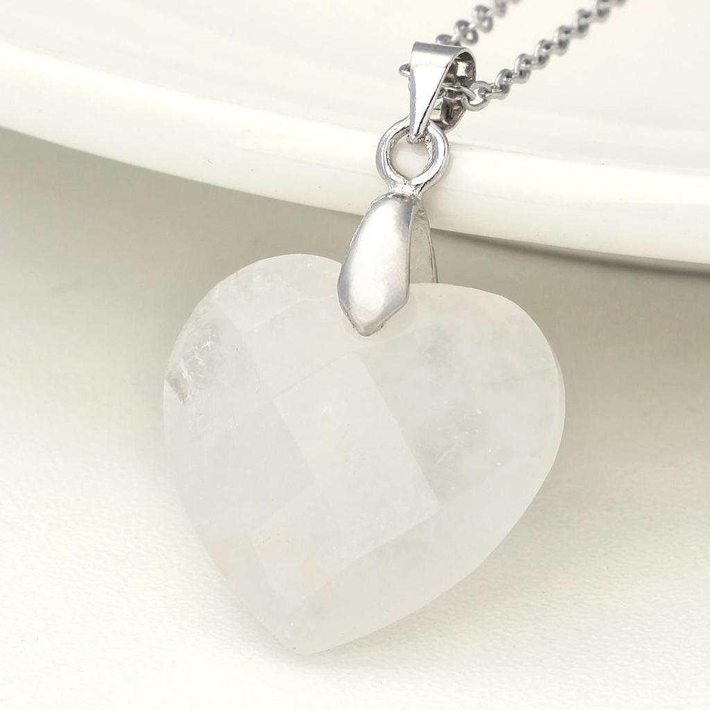 Valentine's Day Crystal Heart Pendant Necklace for Women, Natural Stone & Titanium Steel
