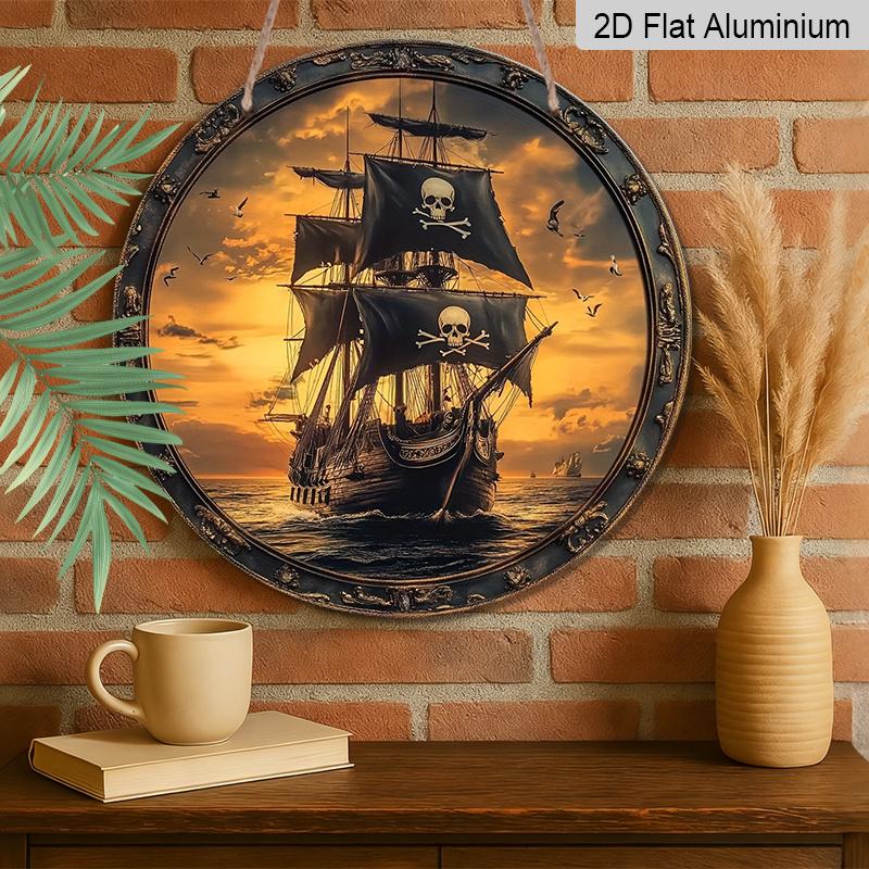2D Flat, 1pc Vintage Pirate Ship Wall Decor - Round Aluminum Metal Nautical Sign, Jolly Roger Skull & Crossbones Wall Plaque, Suitable for Home, Bar