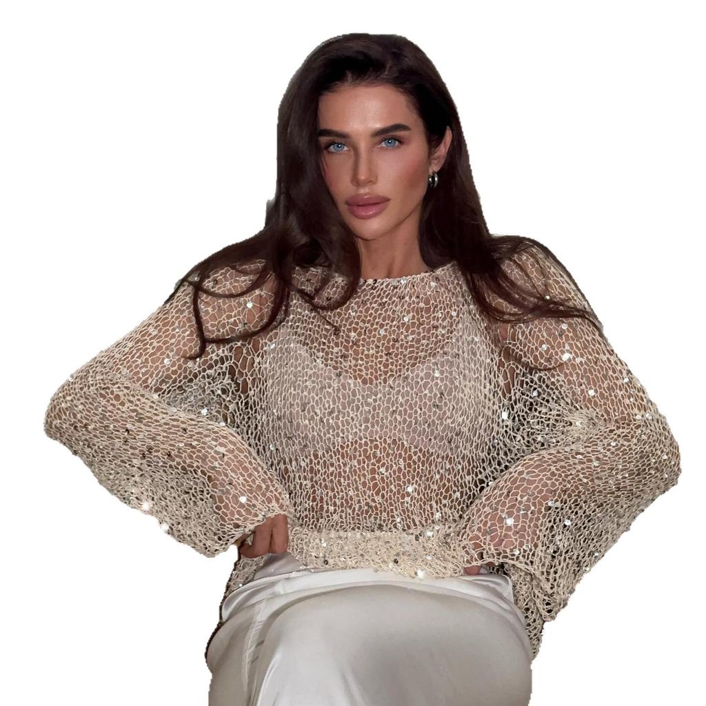 Manufacturer 2026 Loose Sexy Spice Girl Wool Sequined Top Long Sleeve Hollow Pullover Knitted Sweater