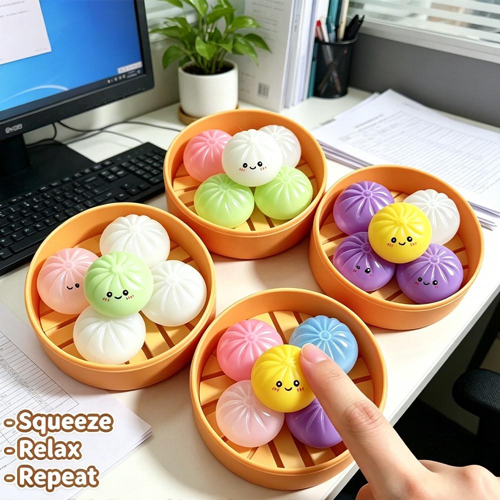 5Pcs Mini Dumplings With Steamer Bun Squeezable Toys Set Soft Stress Relief Crystal Squishy Fidget Sensory Toy Party Favors Gift