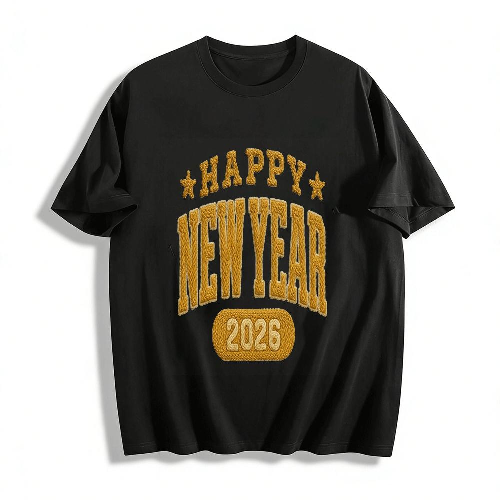 2026 Happy New Year Knit Texture Print Casual Long Sleeve Top Pure cotton T-shirt XXS