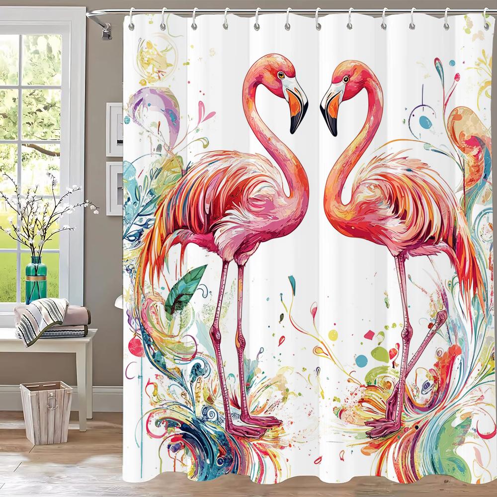 Flamingo Bathing In Pink Bathtub Shower Curtain, Floral Art Bathroom Decorative Curtain, Printed Polyester Curtain With Hooks