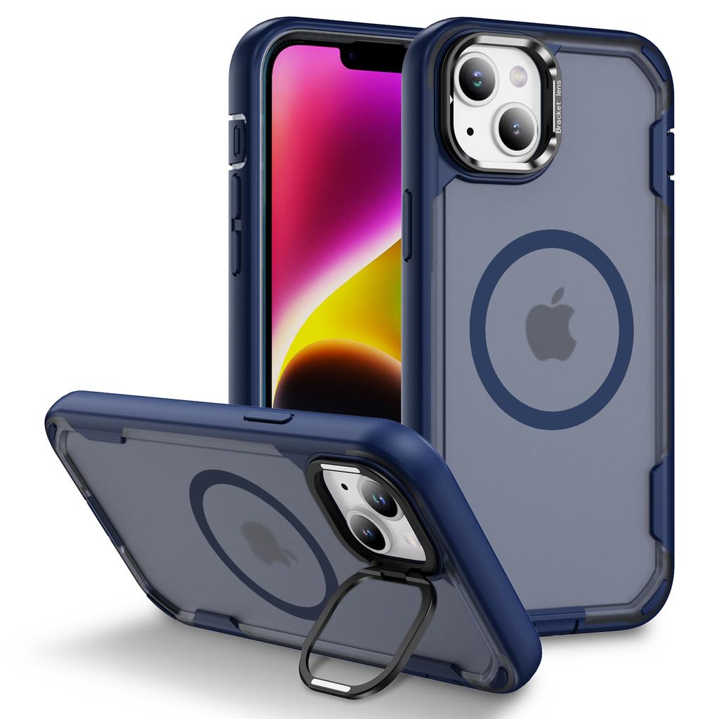 For iPhone 14/13 Case Compatible with MagSafe Lens Frame Kickstand TPU+PC Shockproof Phone Cover