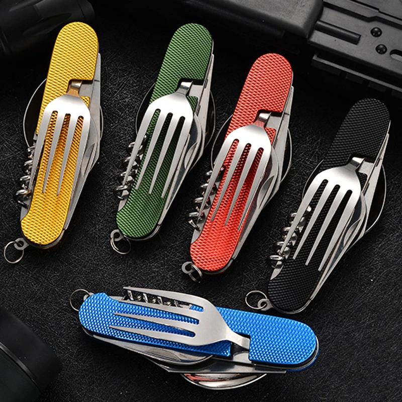 Foldable Camping Tableware Knife Spoon Fork 4-In-1 Tablespoon Stainless Steel Bottle Opener Outdoor Camping Knife Folding Knife