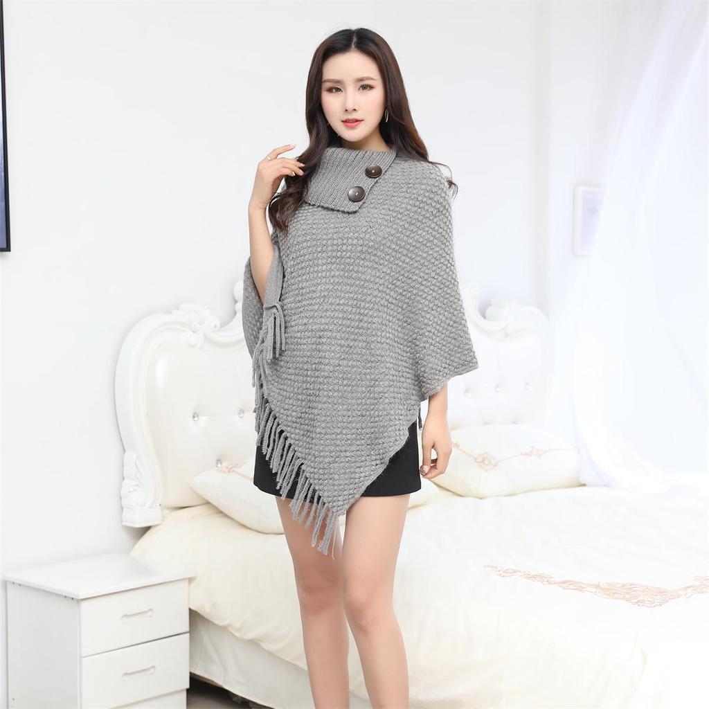 Autumn/Winter High Neck Buttoned Tassel Women's Cape: Warm European & American Fashion Knitted Sweater Shawl