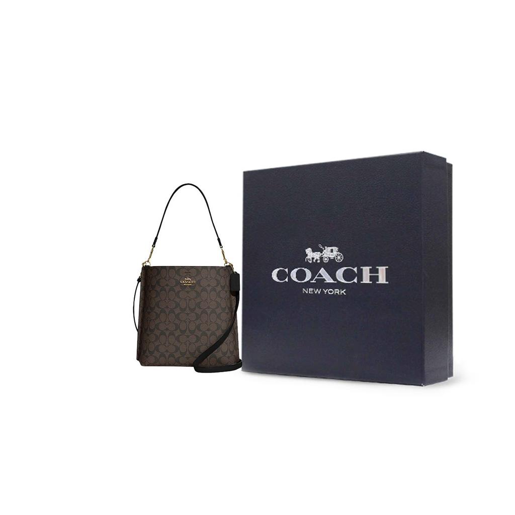 Coach Mollie Classic Monogram Signature Coated Canvas With Smooth Leather Bucket Bag Women bags Brown Black CA561-IMAA8