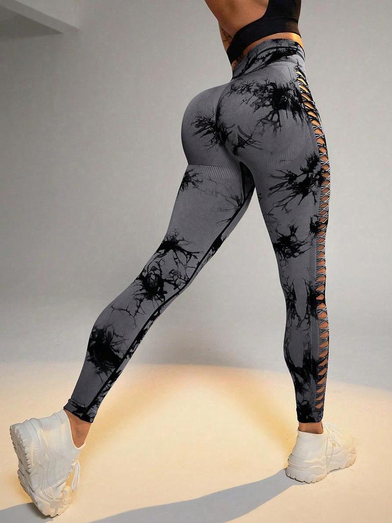 Women's High-Waisted Tie-Dye Yoga Pants - Hollow-Out, Peach-Lifting, Breathable, Seamless Fitness Wear