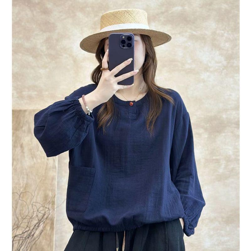 New Chinese Style Simple Solid Color Double-layer Cotton Loose Versatile Long-sleeved Pullover Top with Slimming Temperament