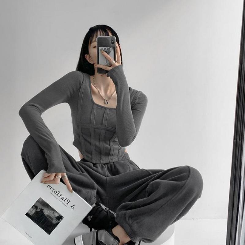 2KWEIRD Y2k T-Shirt Mädchen Crop Tops Frühling Damen Langarm O-Ausschnitt Baumwollshirts Bustier Harajuku Pullover Streetwear Allround-T-Shirt