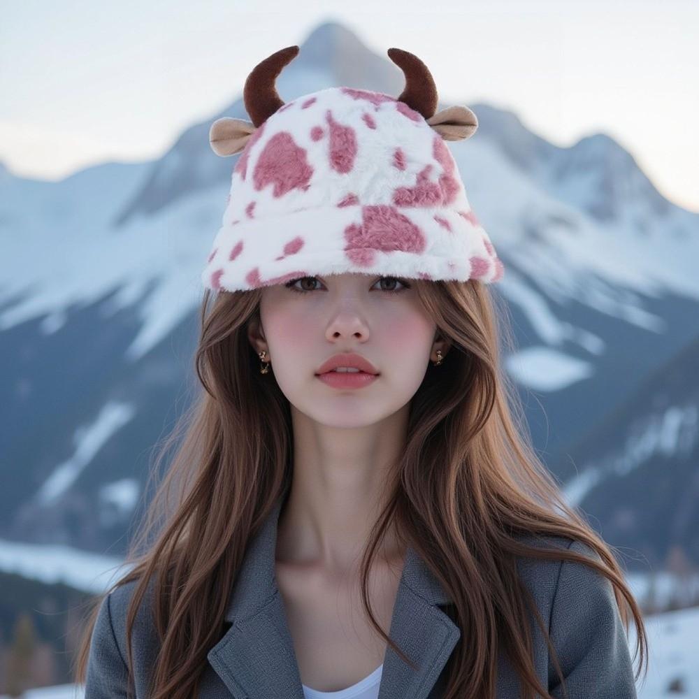 Faux Fur Plush Fisherman Hat Fluffy Winter Plush Hat Casual Cow Horn Bucket Hat Outdoor