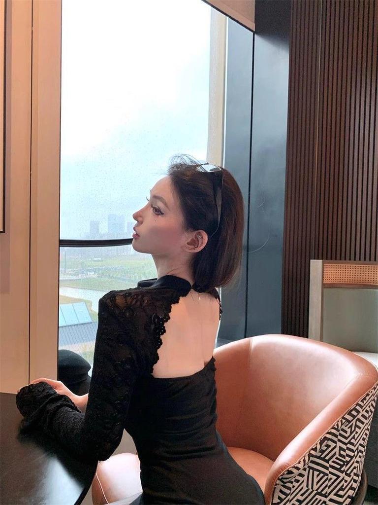 Backless Halter Long Sleeve Bodycon Dress - Sexy Hollow Out, Short Skirt for Women, Spring Autumn