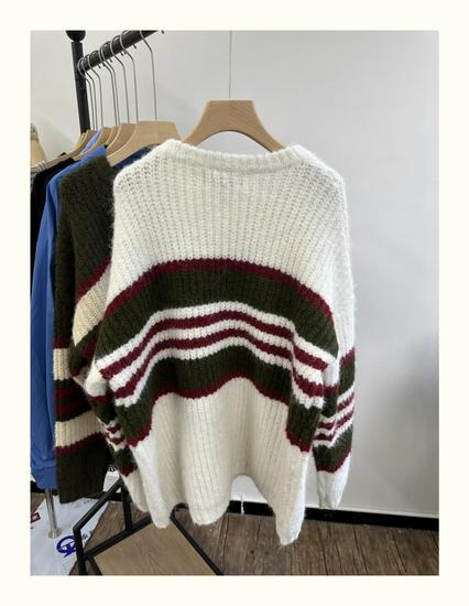 Xiao Wangs Winter Koreanischer Stil Übergröße Lässiger Colorblock Gestreifter Pullover