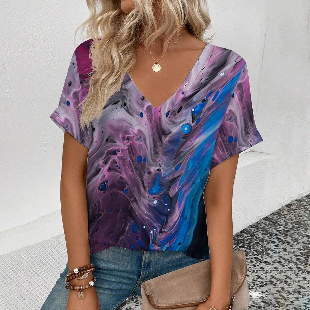 Women'sshort Sleeve V-Neck T-Shirt Colorful Tassels Pattern T-Shirt Fashion Casual Women's Elegant Comfort Large Size T-Shirt