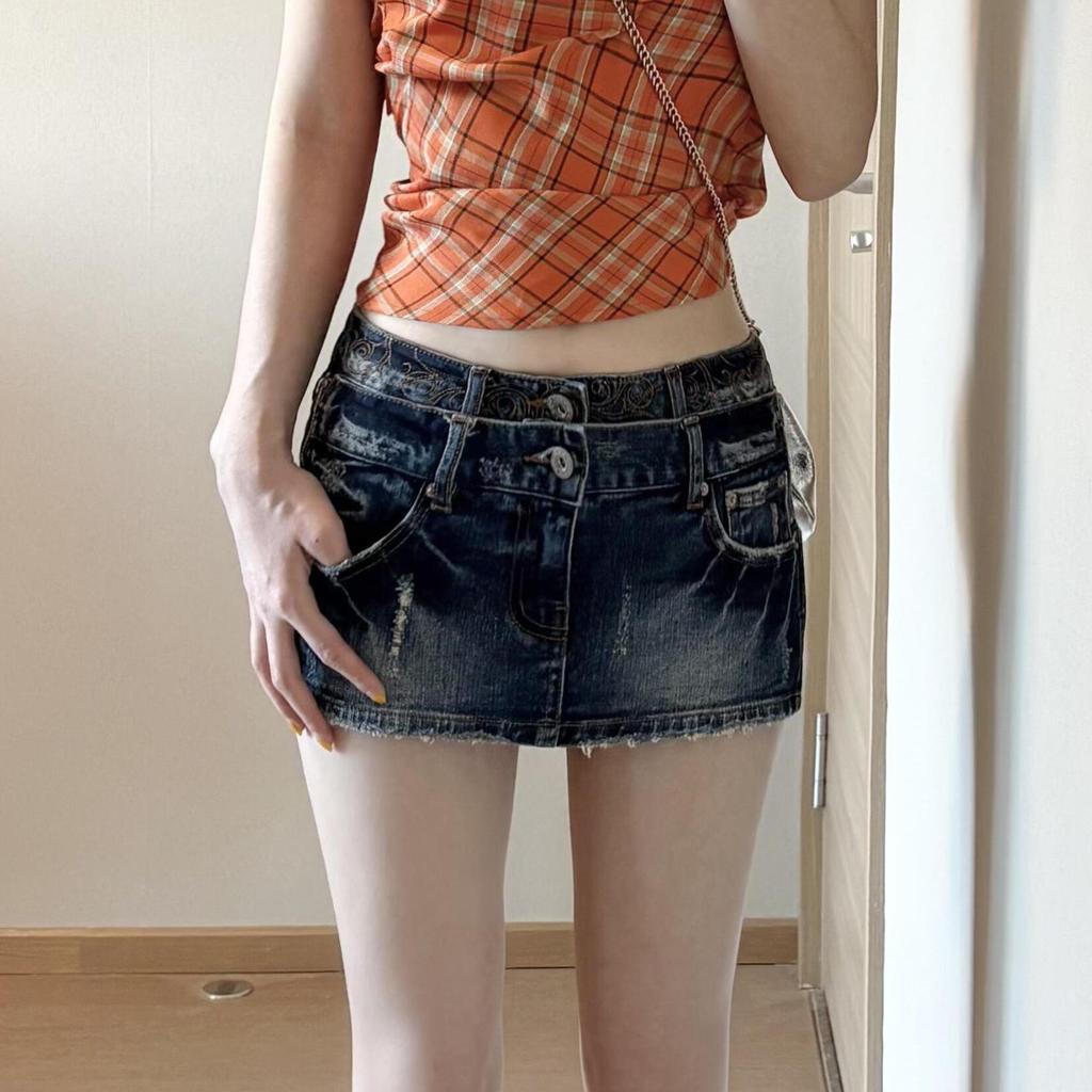 American Retro Embroidered Double Waistband Denim Skinny Skirt Shorts - Spring 2026