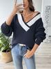 Women's Color Block Patchwork Deep V-Neck Loose Sweater - Long Sleeve Pullover for Autumn/Winter
