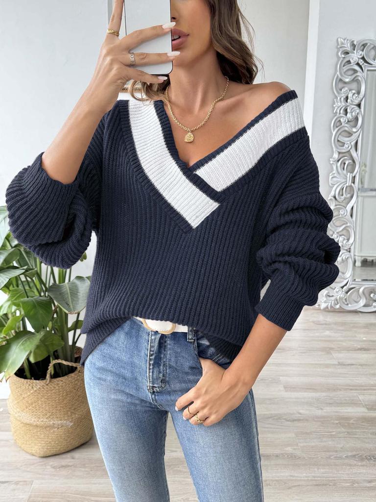Women's Color Block Patchwork Deep V-Neck Loose Sweater - Long Sleeve Pullover for Autumn/Winter