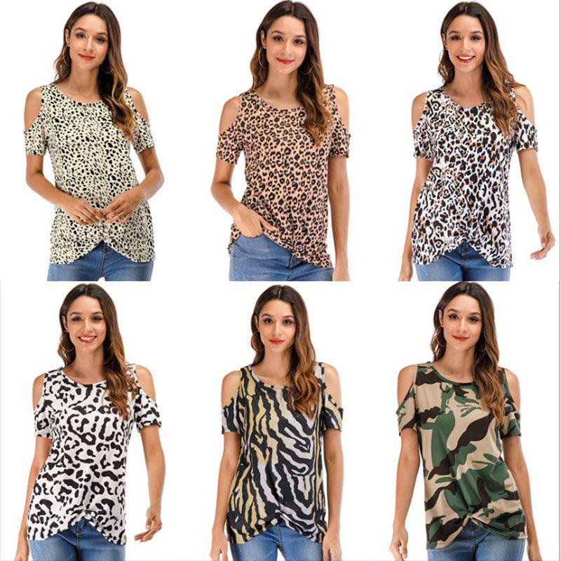 Stylish Women's Leopard Print T-shirt Featuring Cold Shoulder Design Perfect For Summer Wear