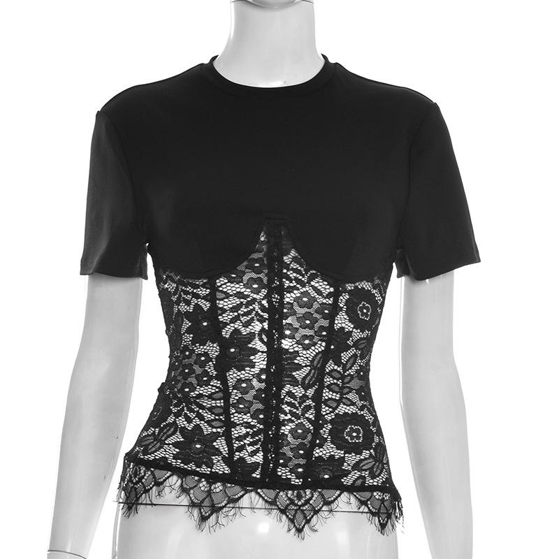 Black Lace Fish-bone Shirts For Women 2026 Spring Summer Chic Short Sleeve O-neck Blouse Lady Street Y2K Tops