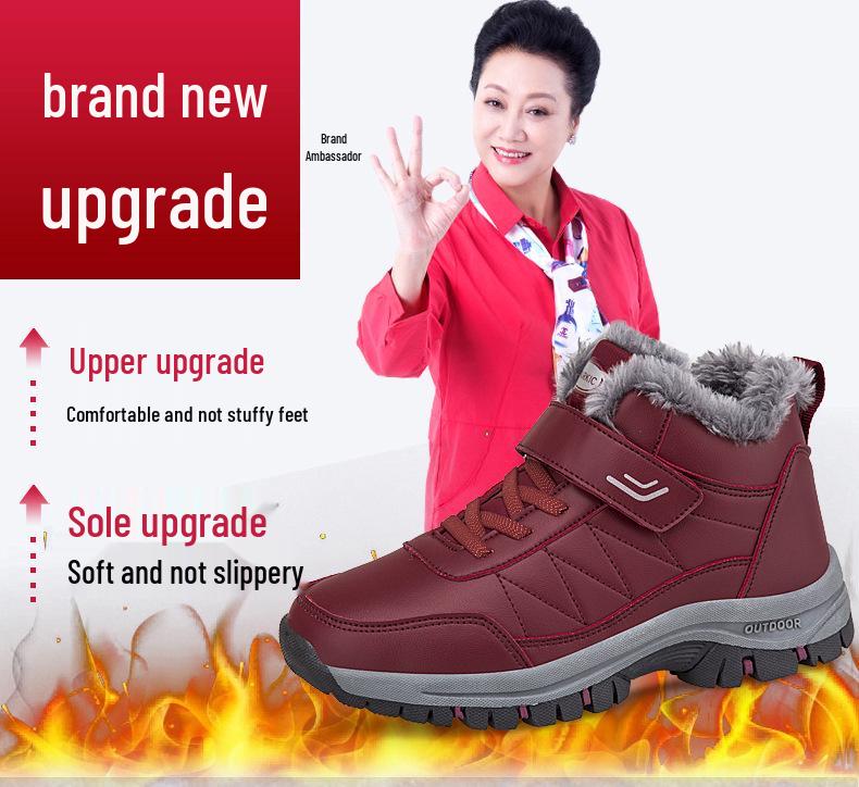 Women's Waterproof Non-Slip Warm Leather Snow Boots with Plus Velvet, Mid-Aged Comfort, Winter Cotton Walking Shoes