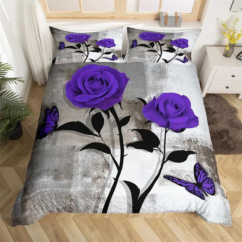 Rose Flower Duvet Cover Single King Oil Painting Butterfly Floral Bedding Set Microfiber Vintage Watercolor Artwork Quilt Cover