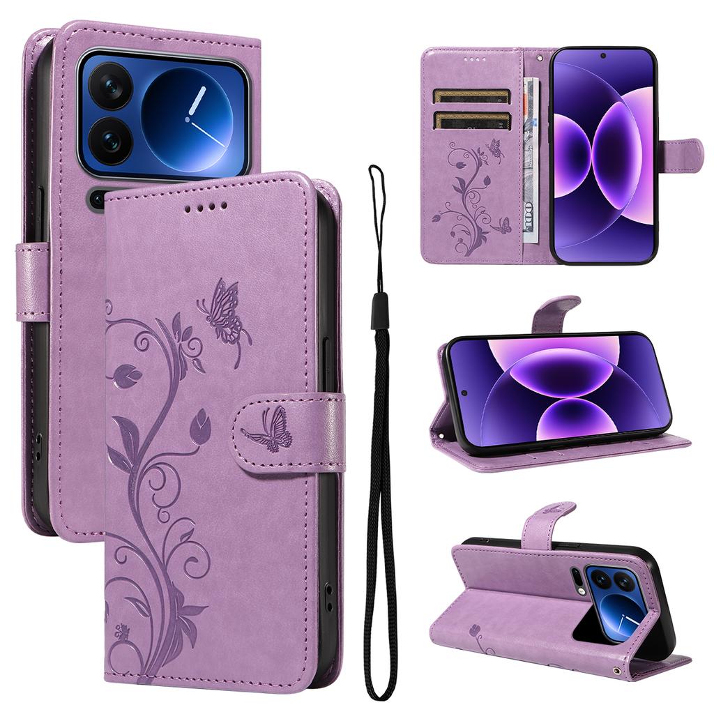 For Xiaomi 17 Pro PU Leather Cases Flower Pattern Wallet Stand Phone Cover with Strap