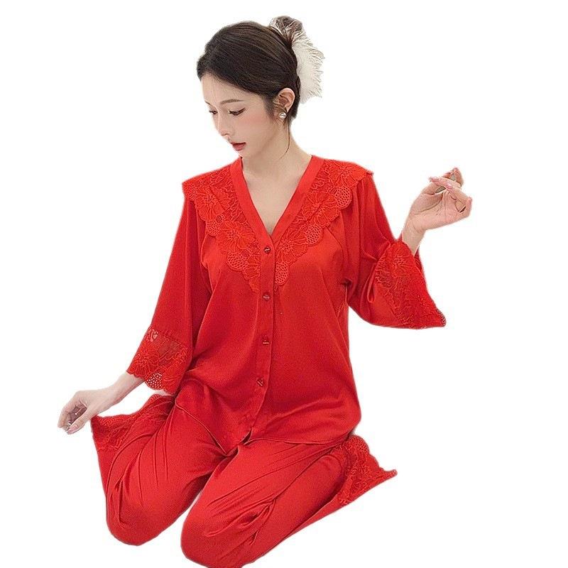 New Ice Silk Pajamas Women's Spring and Autumn High-end Light Luxury French Lace Suit Long-sleeved Cardigan Can Be Worn Outside Loungewear